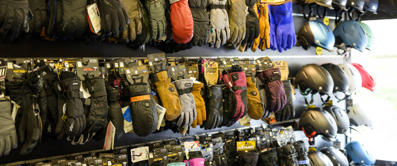 Glove and helmet display at Yogi's Ski & Snowboard Hire, Falls Creek